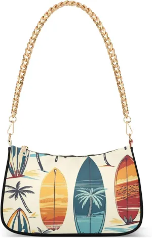 Shoulder Bags for Women Surfboard Palm Trees Hobo Tote Handbag Small Clutch Purse with Zipper Closure