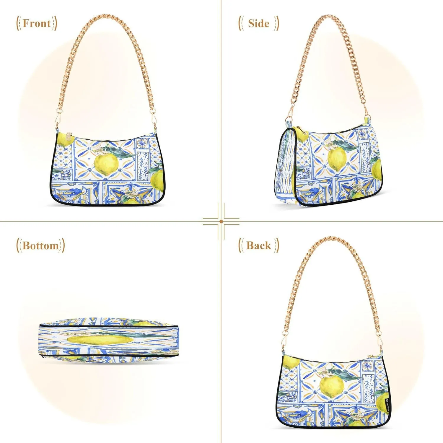 Shoulder Bags for Women Vintage Yellow Lemon Fruit and Blue Print Hobo Tote Handbag Small Clutch Purse with Zipper Closure