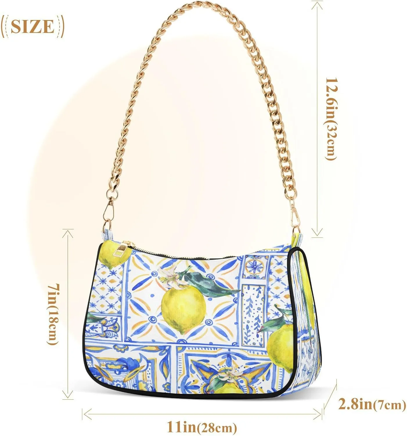 Shoulder Bags for Women Vintage Yellow Lemon Fruit and Blue Print Hobo Tote Handbag Small Clutch Purse with Zipper Closure