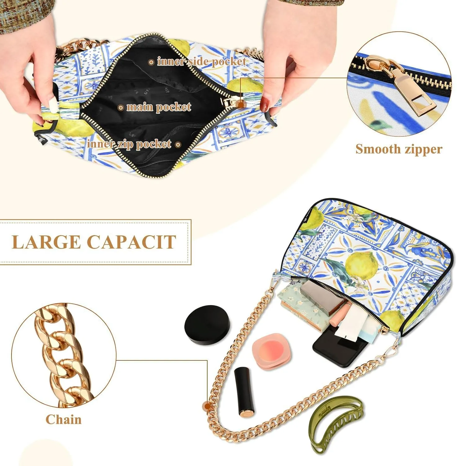 Shoulder Bags for Women Vintage Yellow Lemon Fruit and Blue Print Hobo Tote Handbag Small Clutch Purse with Zipper Closure