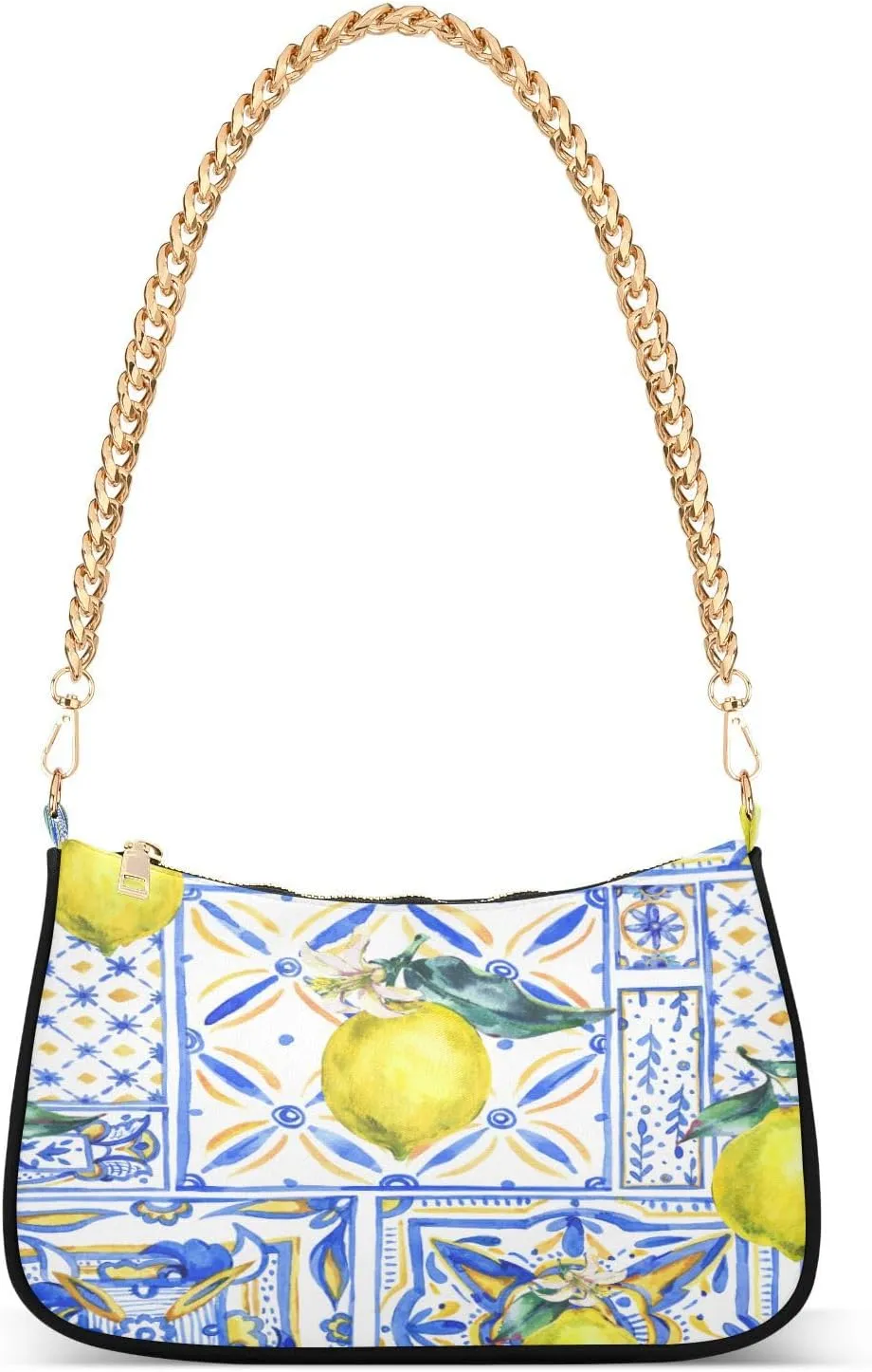 Shoulder Bags for Women Vintage Yellow Lemon Fruit and Blue Print Hobo Tote Handbag Small Clutch Purse with Zipper Closure