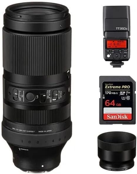 Sigma 100-400mm f/5-6.3 DG DN OS Contemporary Lens for Sony E | E-Mount Lens/Full-Frame Format, Four SLD Elements, OS Image Stabilization, Godox TT350S Flash, 64GB Extreme PRO UHS-I Memory Card