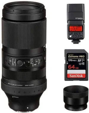 Sigma 100-400mm f/5-6.3 DG DN OS Contemporary Lens for Sony E | E-Mount Lens/Full-Frame Format, Four SLD Elements, OS Image Stabilization, Godox TT350S Flash, 64GB Extreme PRO UHS-I Memory Card