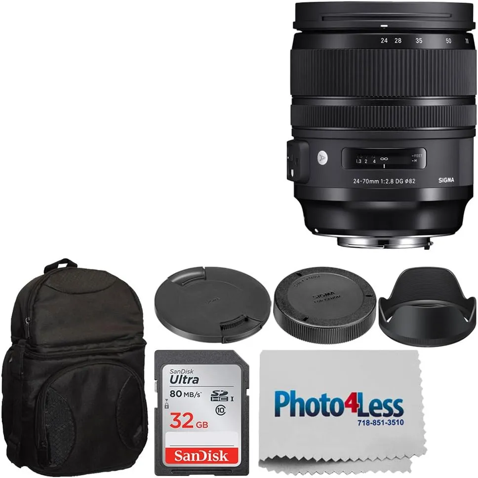 Sigma 24-70mm f/2.8 DG OS HSM Art Lens for Nikon F (576955)   Deluxe Digital Camera/Lens Padded Backpack   32GB Memory Card   Photo4Less Cleaning Cloth - Top Value Basic Lens Accessory Bundle