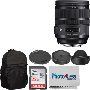 Sigma 24-70mm f/2.8 DG OS HSM Art Lens for Nikon F (576955)   Deluxe Digital Camera/Lens Padded Backpack   32GB Memory Card   Photo4Less Cleaning Cloth - Top Value Basic Lens Accessory Bundle