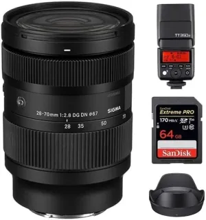 Sigma 28-70mm f/2.8 DG DN Art Lens for Sony E | Full-Frame Format, Three Aspherical Elements, Weather-Sealed, Protective Front Coating, Godox TT350S Flash, 64GB Extreme PRO UHS-I Memory Card