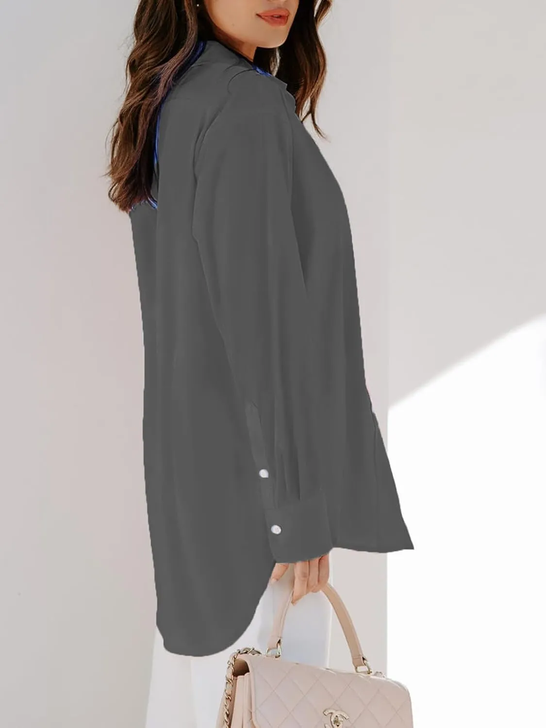 siliteelon Womens Button Down Shirts Dress Shirts Long Sleeve Blouses V Neck Solid Casual Tunics Tops with Pockets