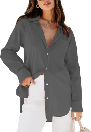 siliteelon Womens Button Down Shirts Dress Shirts Long Sleeve Blouses V Neck Solid Casual Tunics Tops with Pockets