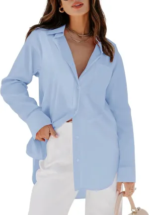 siliteelon Womens Button Down Shirts Dress Shirts Long Sleeve Blouses V Neck Solid Casual Tunics Tops with Pockets