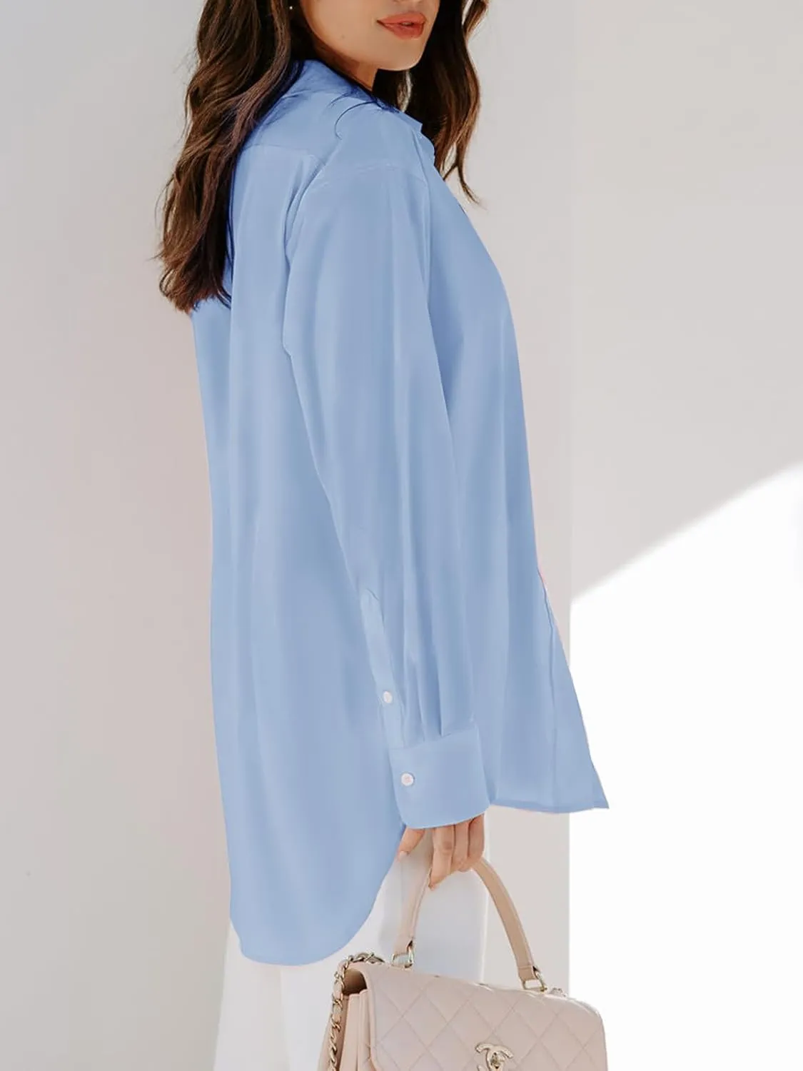siliteelon Womens Button Down Shirts Dress Shirts Long Sleeve Blouses V Neck Solid Casual Tunics Tops with Pockets