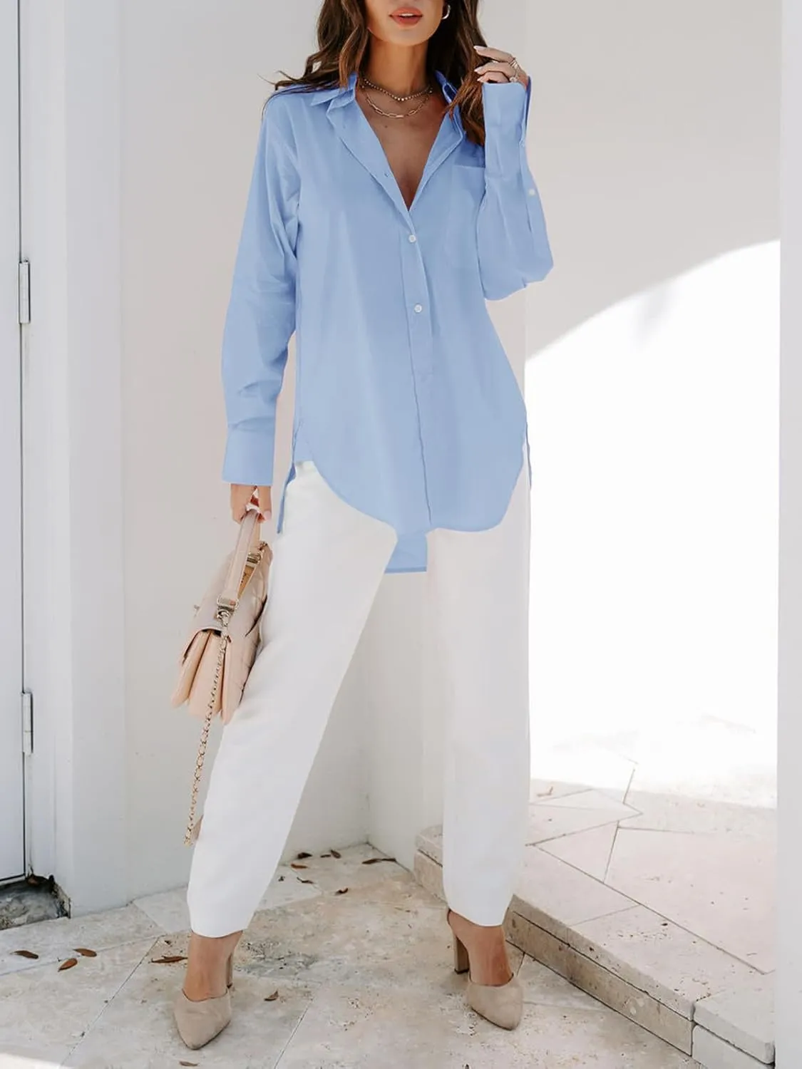 siliteelon Womens Button Down Shirts Dress Shirts Long Sleeve Blouses V Neck Solid Casual Tunics Tops with Pockets
