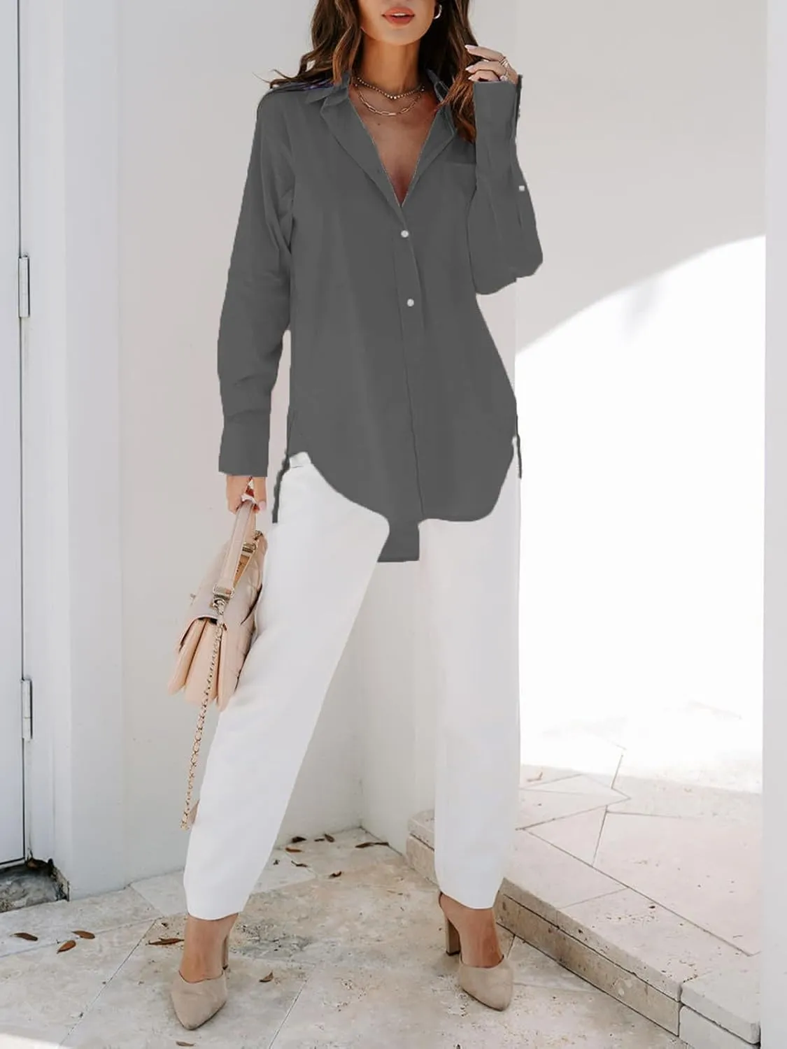 siliteelon Womens Button Down Shirts Dress Shirts Long Sleeve Blouses V Neck Solid Casual Tunics Tops with Pockets