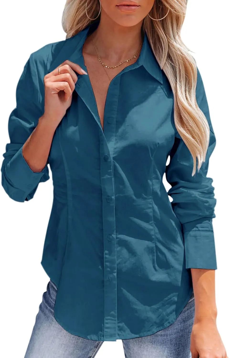 siliteelon Women's Button Down Shirts Long Sleeve Dress Shirts Wrinkle Free Collared Work Office Solid Blouses Corset Tops