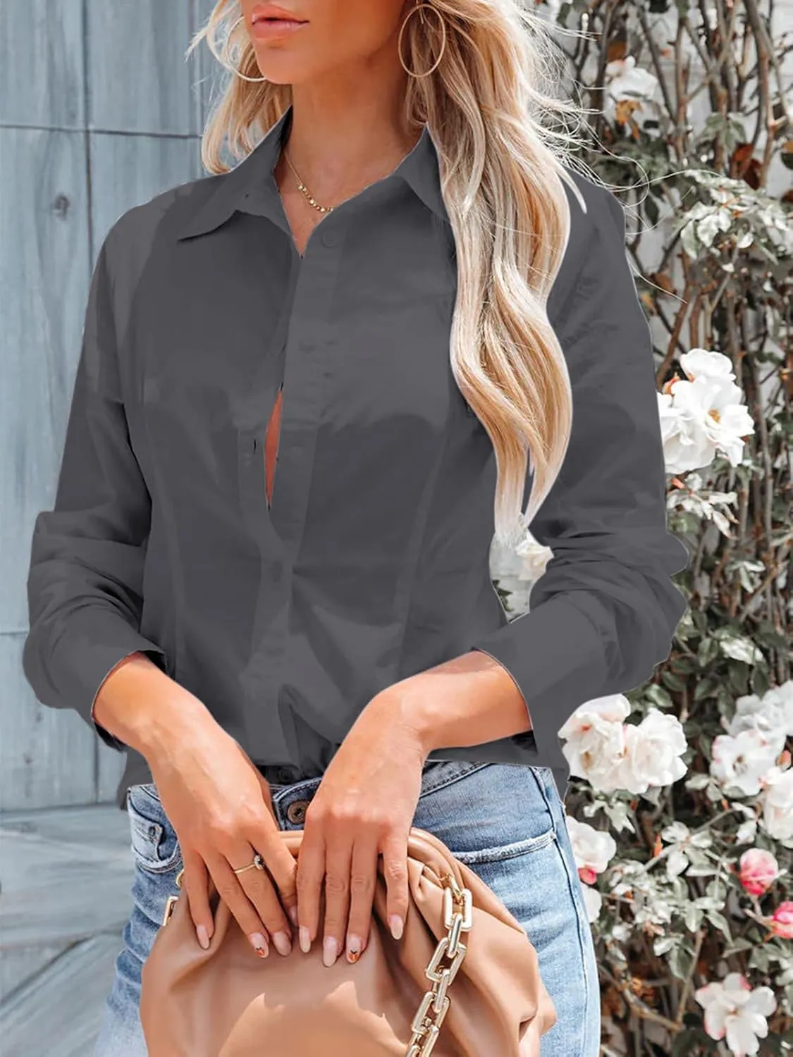 siliteelon Women's Button Down Shirts Long Sleeve Dress Shirts Wrinkle Free Collared Work Office Solid Blouses Corset Tops