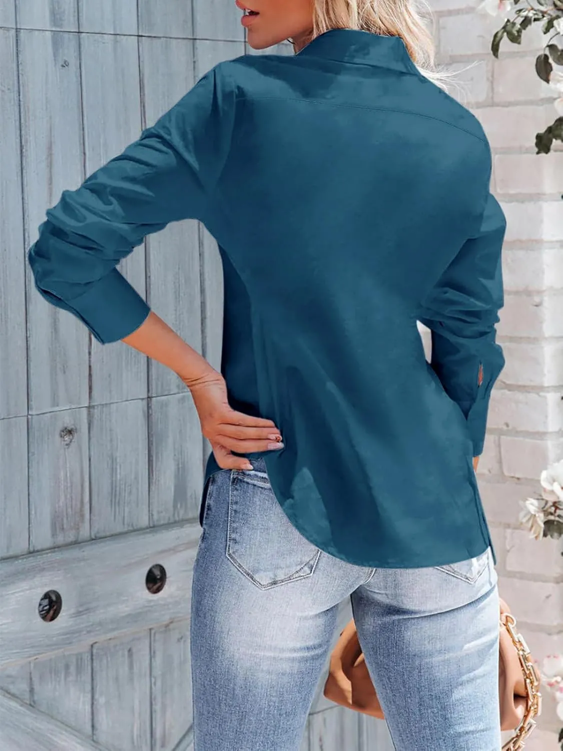 siliteelon Women's Button Down Shirts Long Sleeve Dress Shirts Wrinkle Free Collared Work Office Solid Blouses Corset Tops