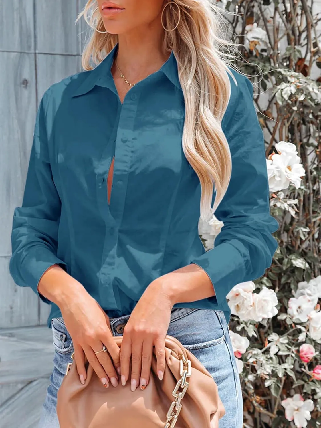 siliteelon Women's Button Down Shirts Long Sleeve Dress Shirts Wrinkle Free Collared Work Office Solid Blouses Corset Tops