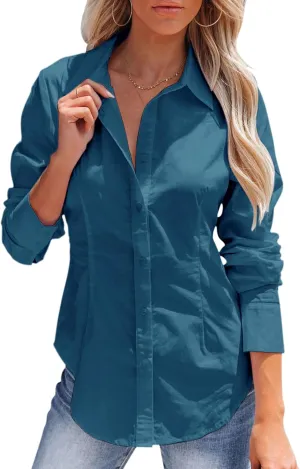 siliteelon Women's Button Down Shirts Long Sleeve Dress Shirts Wrinkle Free Collared Work Office Solid Blouses Corset Tops