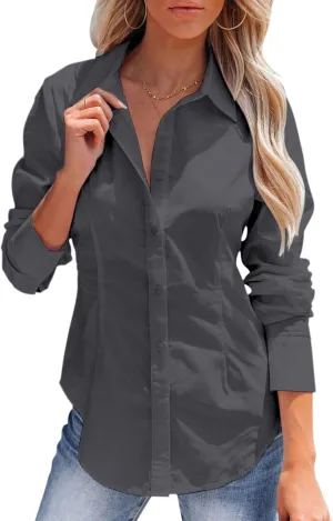 siliteelon Women's Button Down Shirts Long Sleeve Dress Shirts Wrinkle Free Collared Work Office Solid Blouses Corset Tops