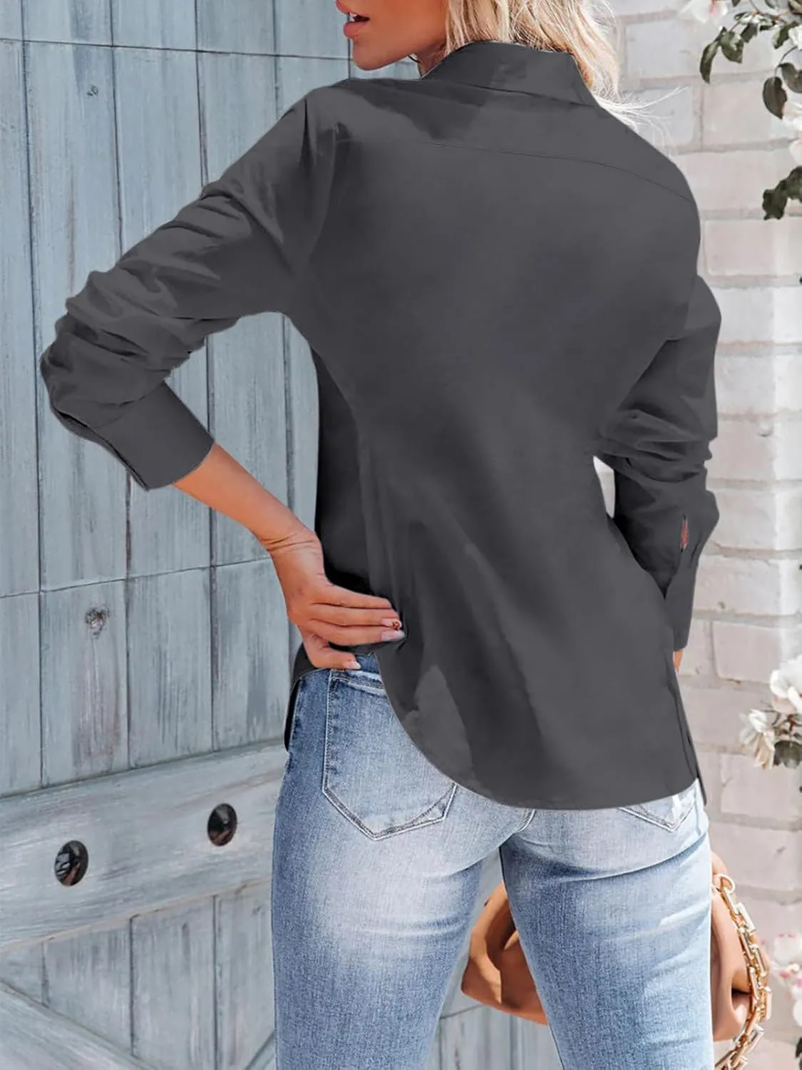 siliteelon Women's Button Down Shirts Long Sleeve Dress Shirts Wrinkle Free Collared Work Office Solid Blouses Corset Tops