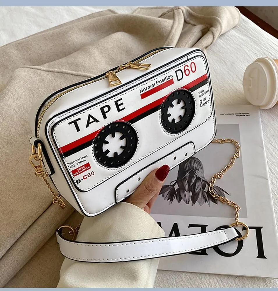 Sister Amy® Retro Tape-Strap Crossbody Bag Women's PU Evening Clutch Shoulder Bag Radio Recorder PU Crossbody Bag