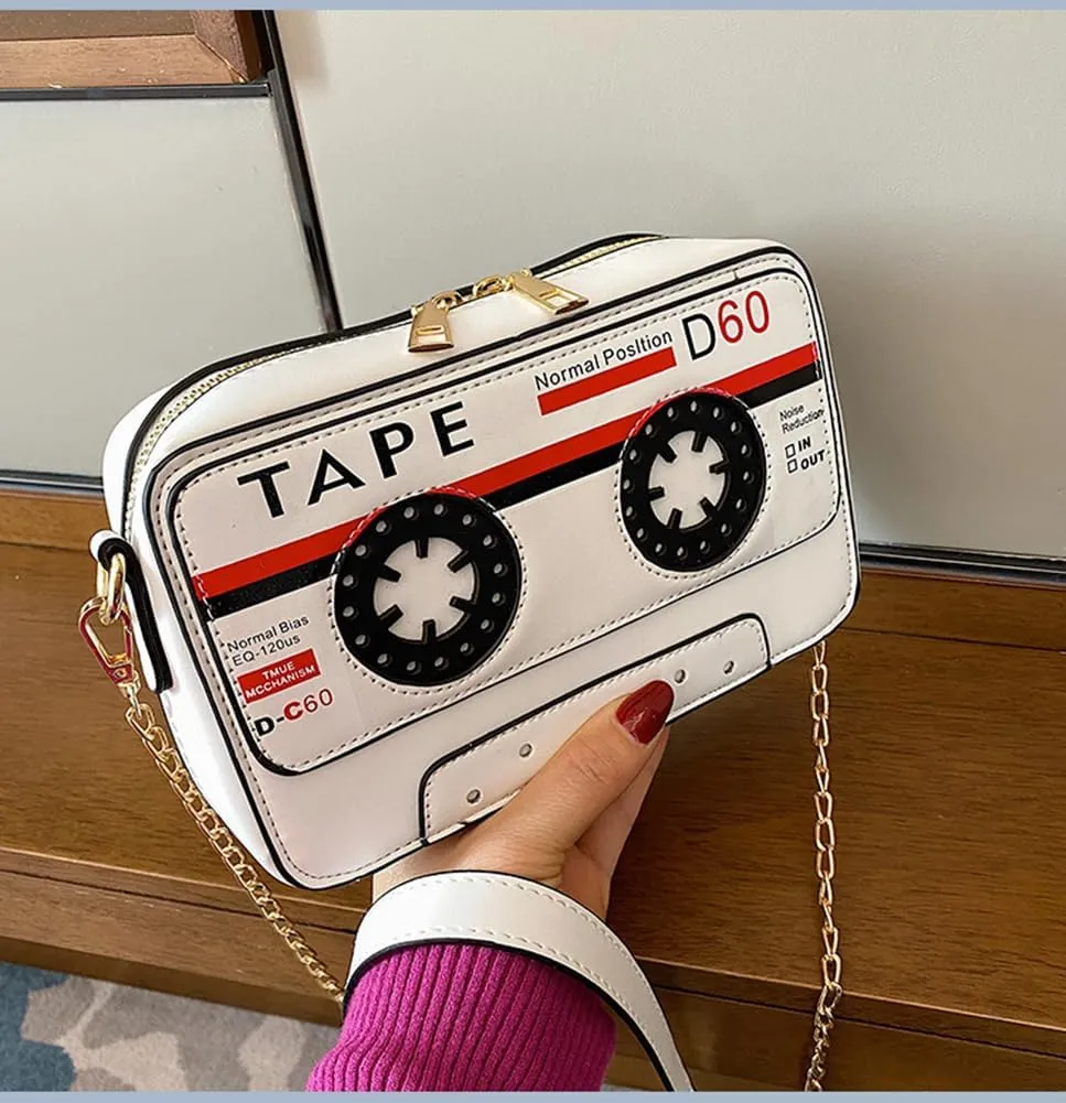 Sister Amy® Retro Tape-Strap Crossbody Bag Women's PU Evening Clutch Shoulder Bag Radio Recorder PU Crossbody Bag