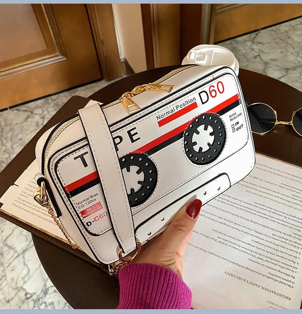 Sister Amy® Retro Tape-Strap Crossbody Bag Women's PU Evening Clutch Shoulder Bag Radio Recorder PU Crossbody Bag