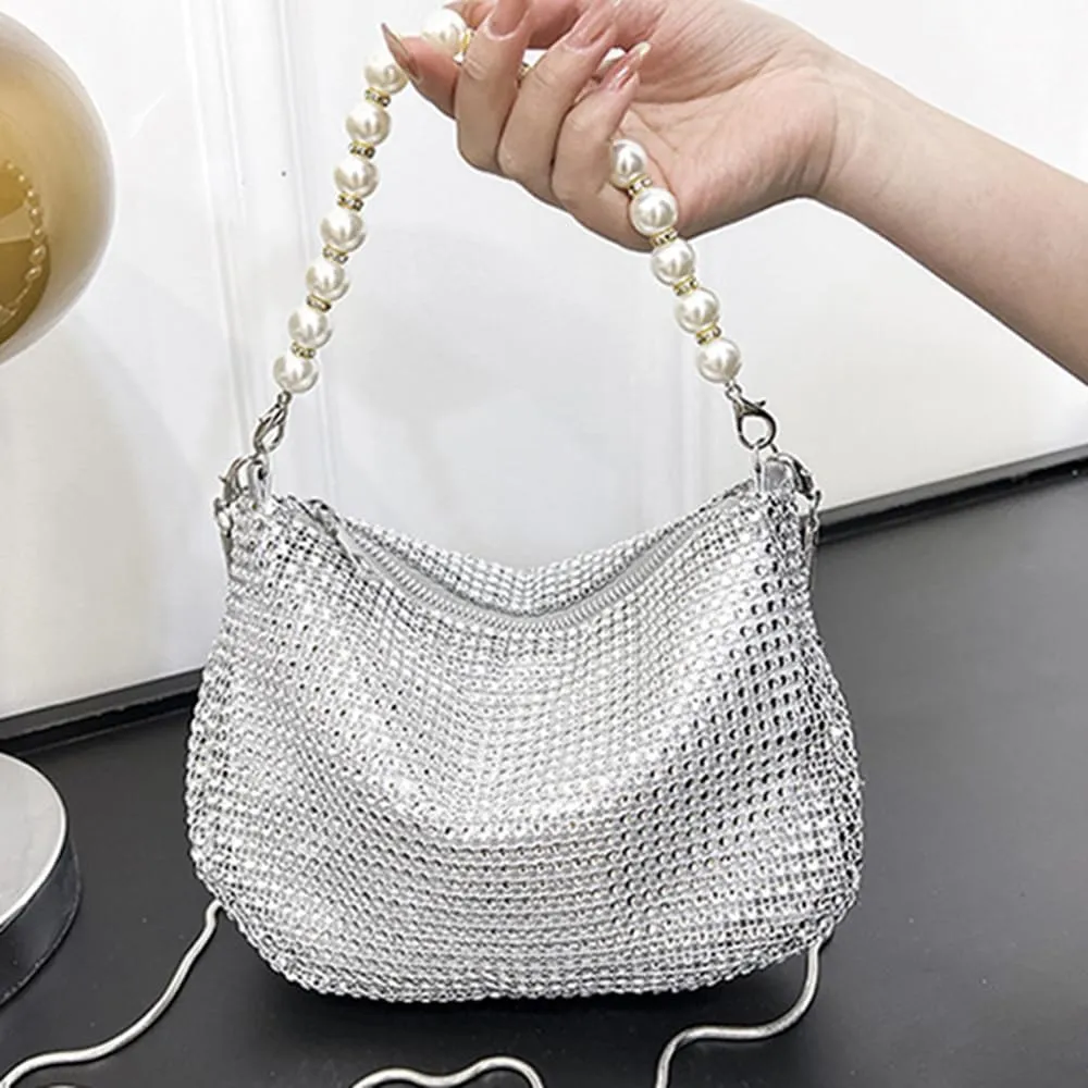 Sither Rhinestone Purse for Women Evening Bag Sparkly Clutch Handbag with Pearls Chain for Party