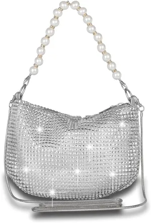 Sither Rhinestone Purse for Women Evening Bag Sparkly Clutch Handbag with Pearls Chain for Party