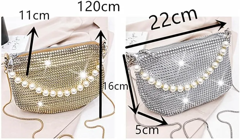 Sither Rhinestone Purse for Women Evening Bag Sparkly Clutch Handbag with Pearls Chain for Party
