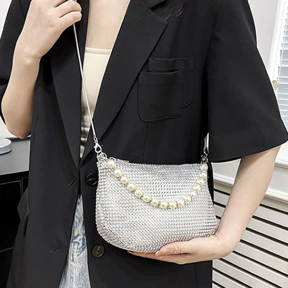 Sither Rhinestone Purse for Women Evening Bag Sparkly Clutch Handbag with Pearls Chain for Party