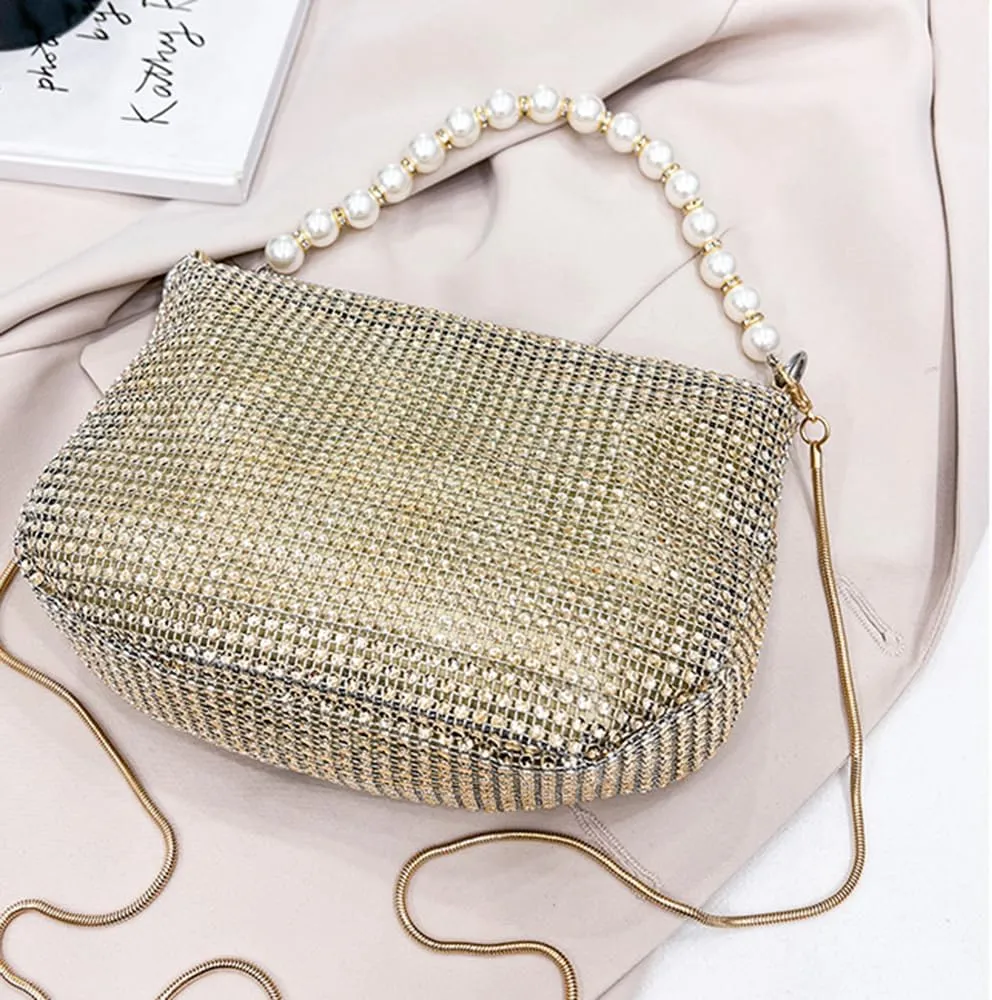 Sither Rhinestone Purse for Women Evening Bag Sparkly Clutch Handbag with Pearls Chain for Party