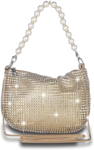 Sither Rhinestone Purse for Women Evening Bag Sparkly Clutch Handbag with Pearls Chain for Party