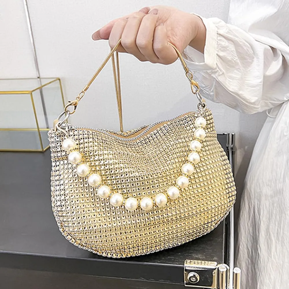 Sither Rhinestone Purse for Women Evening Bag Sparkly Clutch Handbag with Pearls Chain for Party