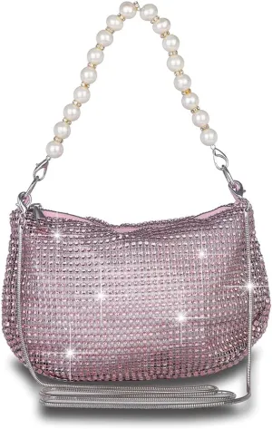 Sither Rhinestone Purse for Women Evening Bag Sparkly Clutch Handbag with Pearls Chain for Party