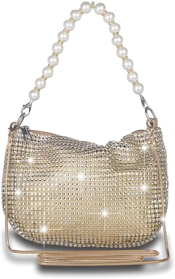 Sither Rhinestone Purse for Women Evening Bag Sparkly Clutch Handbag with Pearls Chain for Party