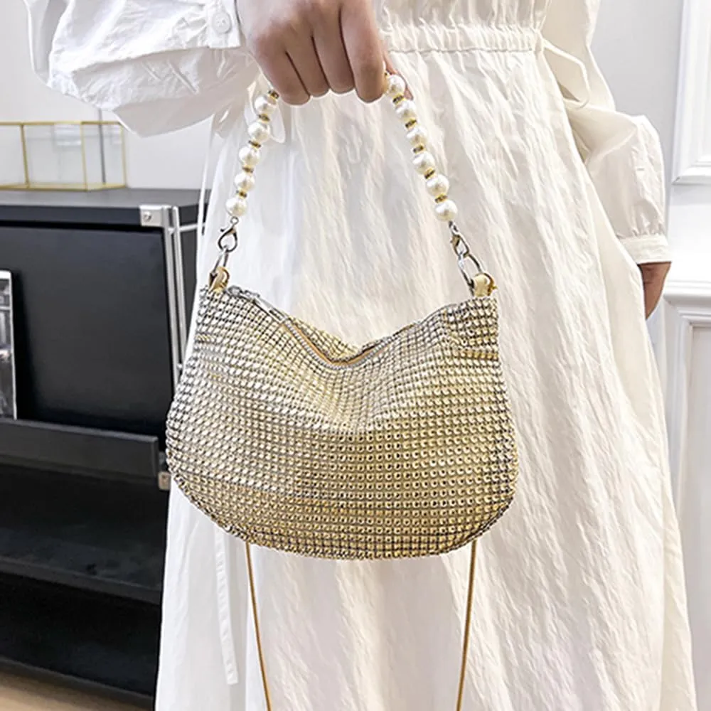 Sither Rhinestone Purse for Women Evening Bag Sparkly Clutch Handbag with Pearls Chain for Party