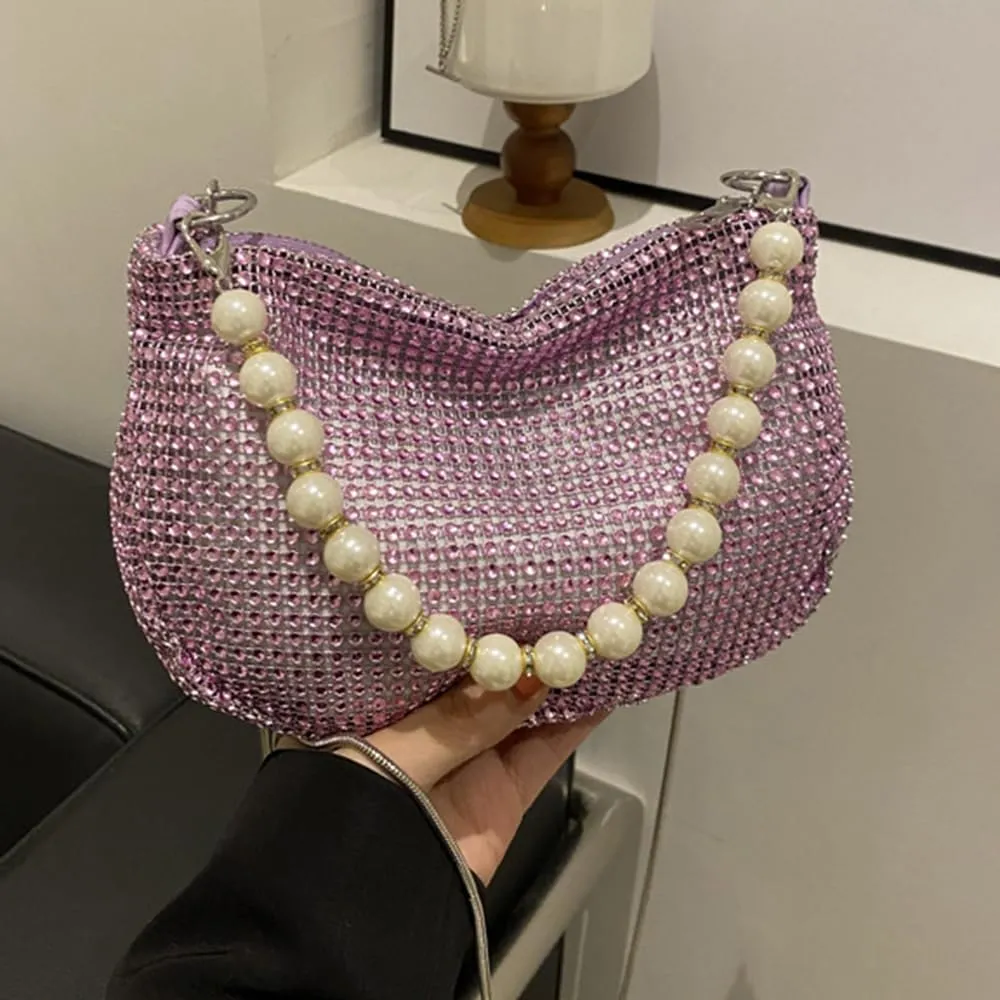 Sither Rhinestone Purse for Women Evening Bag Sparkly Clutch Handbag with Pearls Chain for Party
