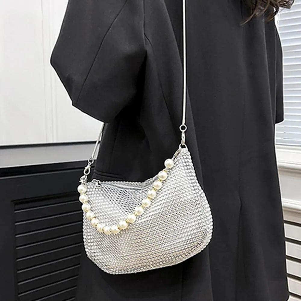 Sither Rhinestone Purse for Women Evening Bag Sparkly Clutch Handbag with Pearls Chain for Party
