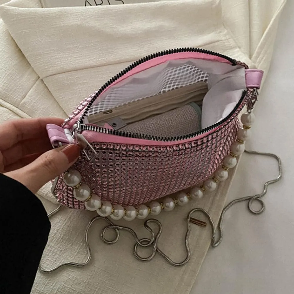 Sither Rhinestone Purse for Women Evening Bag Sparkly Clutch Handbag with Pearls Chain for Party