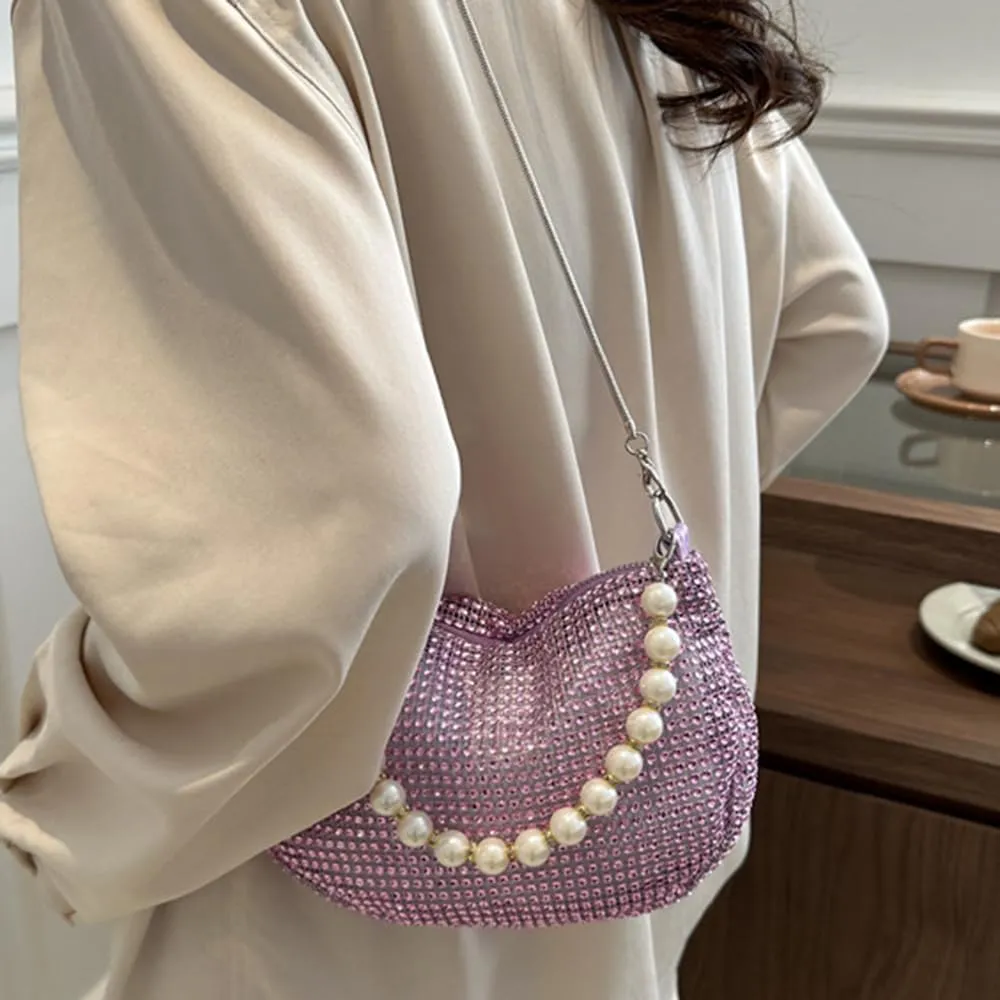Sither Rhinestone Purse for Women Evening Bag Sparkly Clutch Handbag with Pearls Chain for Party