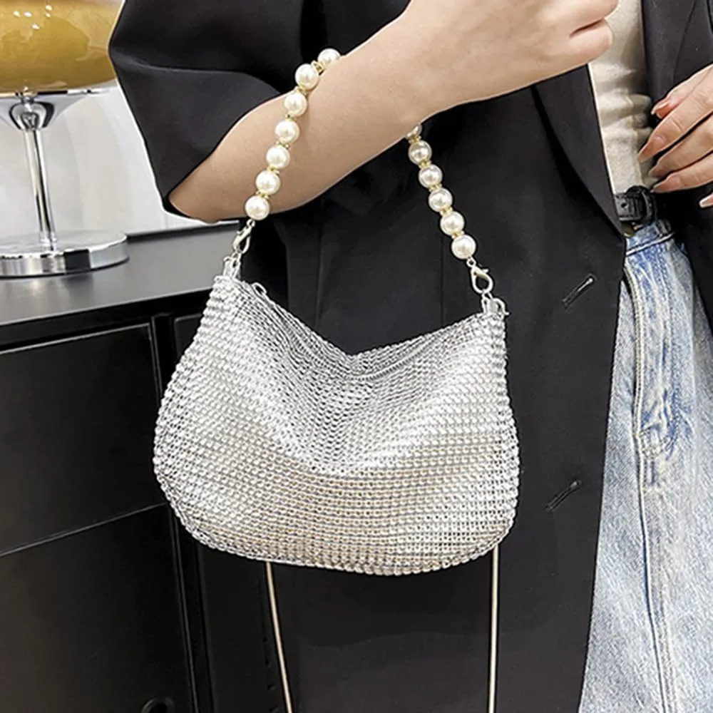 Sither Rhinestone Purse for Women Evening Bag Sparkly Clutch Handbag with Pearls Chain for Party