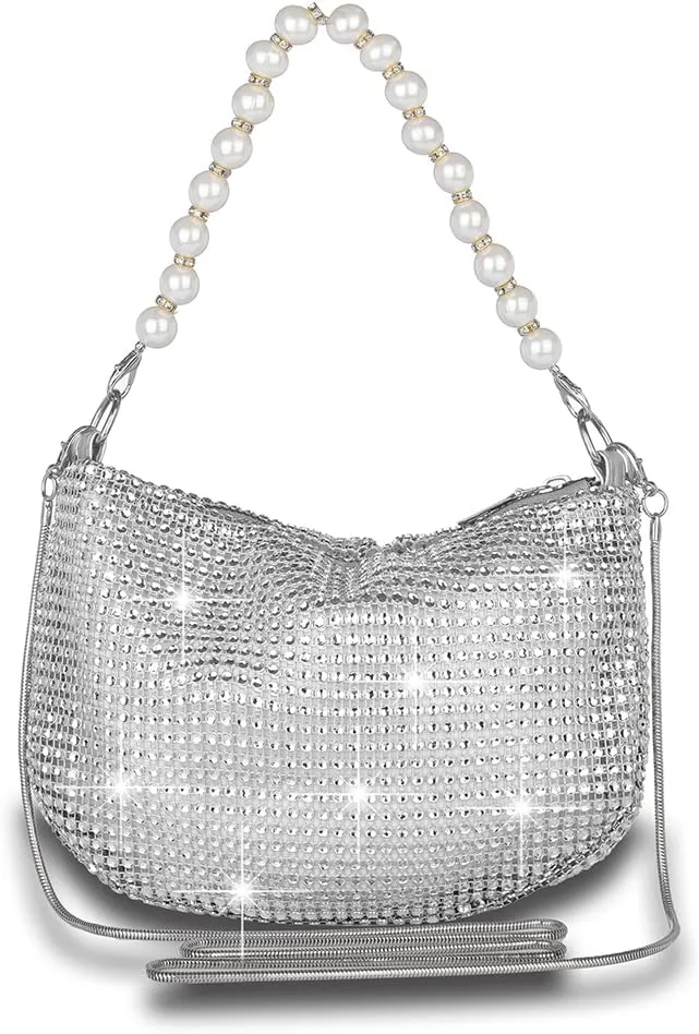 Sither Rhinestone Purse for Women Evening Bag Sparkly Clutch Handbag with Pearls Chain for Party