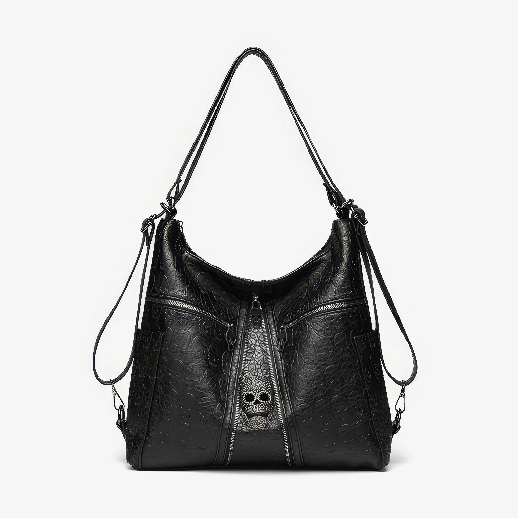 Skull Embossed Zip Detail Hobo Bag