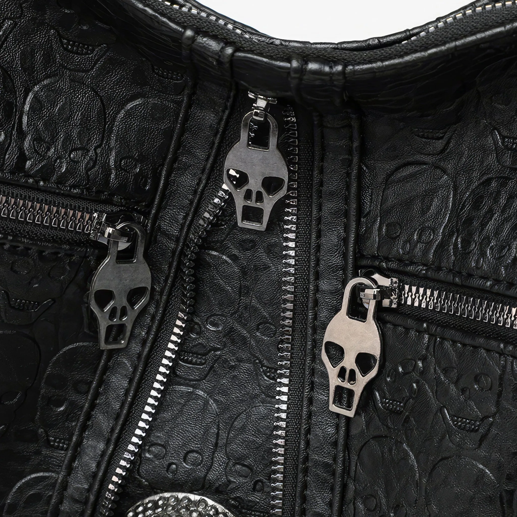 Skull Embossed Zip Detail Hobo Bag