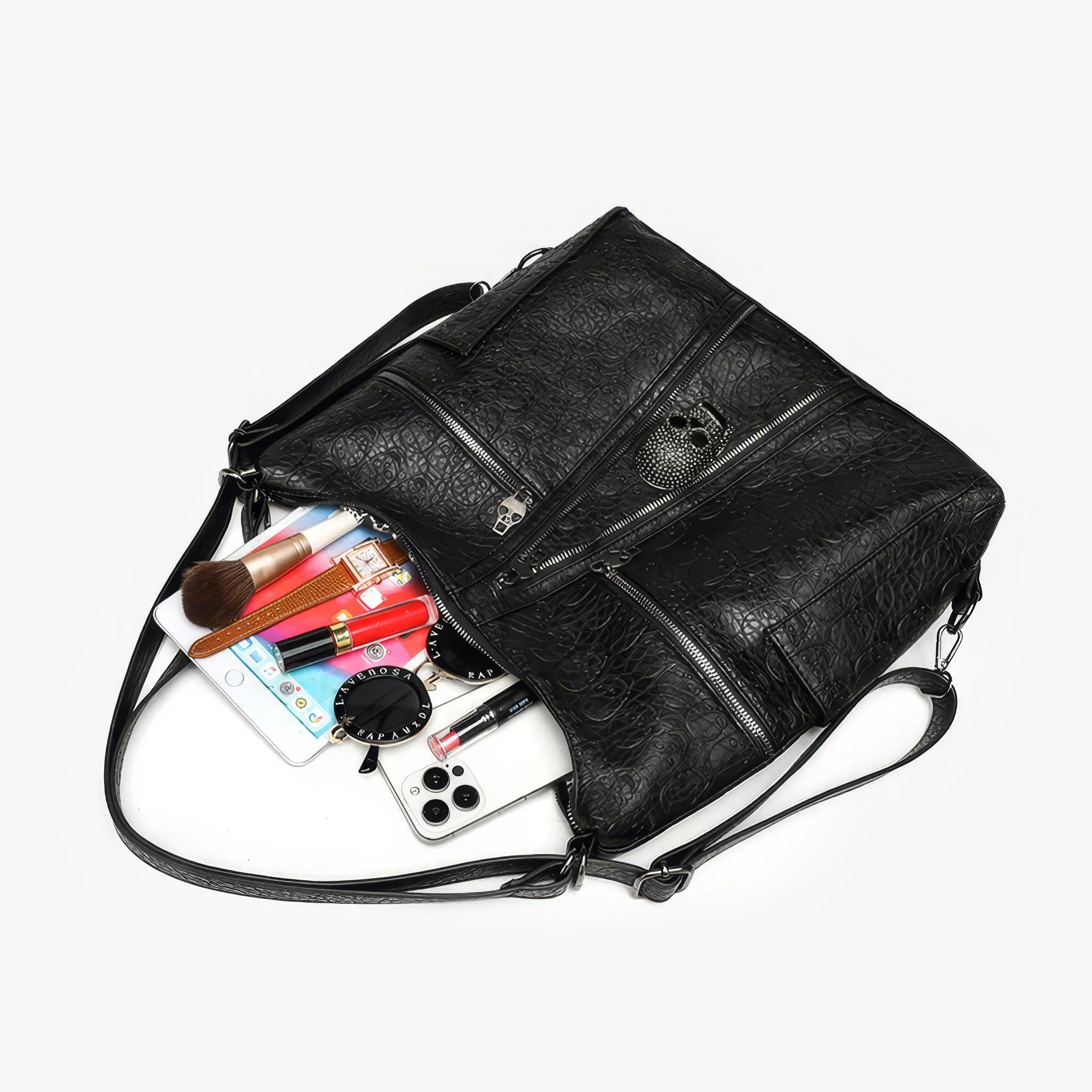 Skull Embossed Zip Detail Hobo Bag