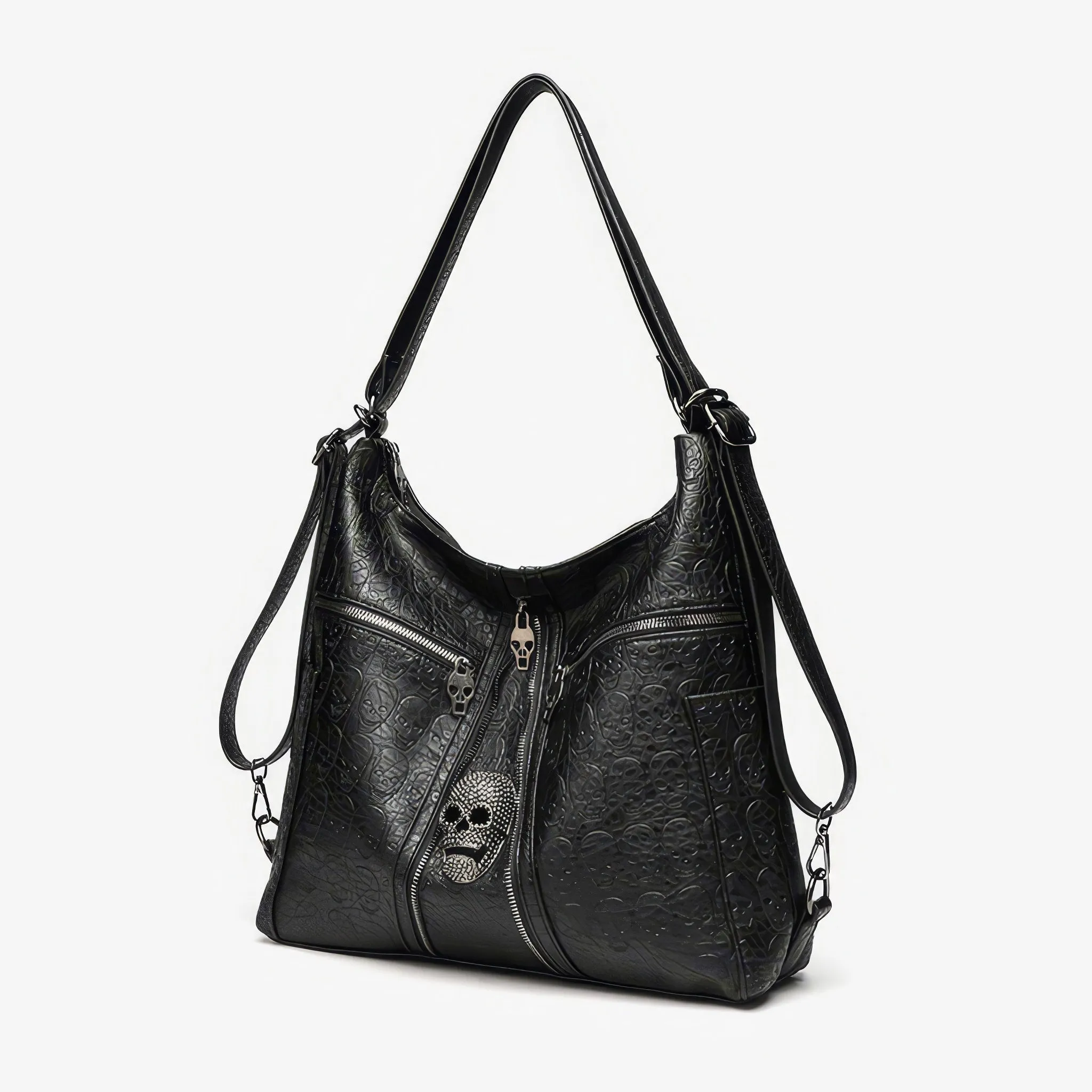 Skull Embossed Zip Detail Hobo Bag
