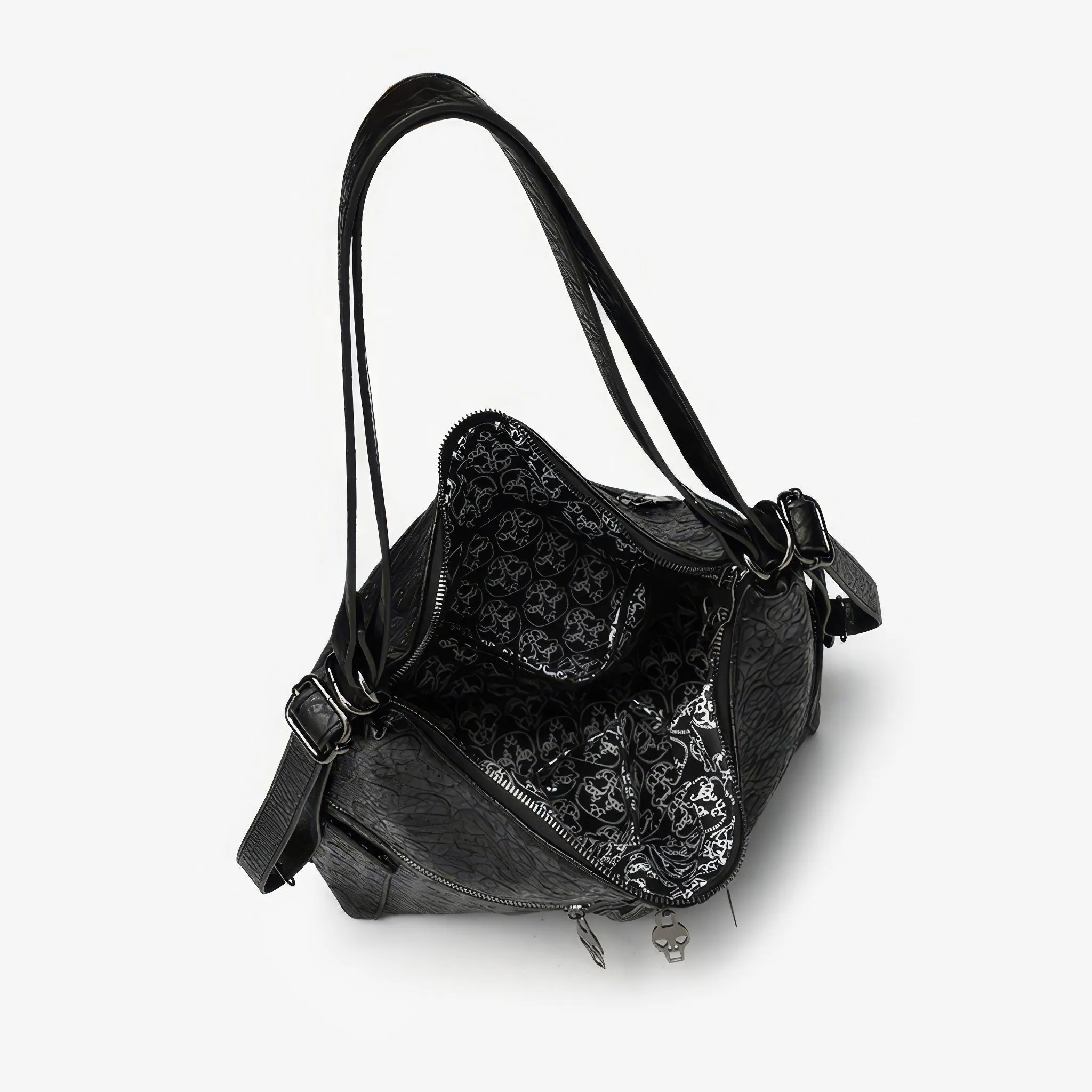 Skull Embossed Zip Detail Hobo Bag