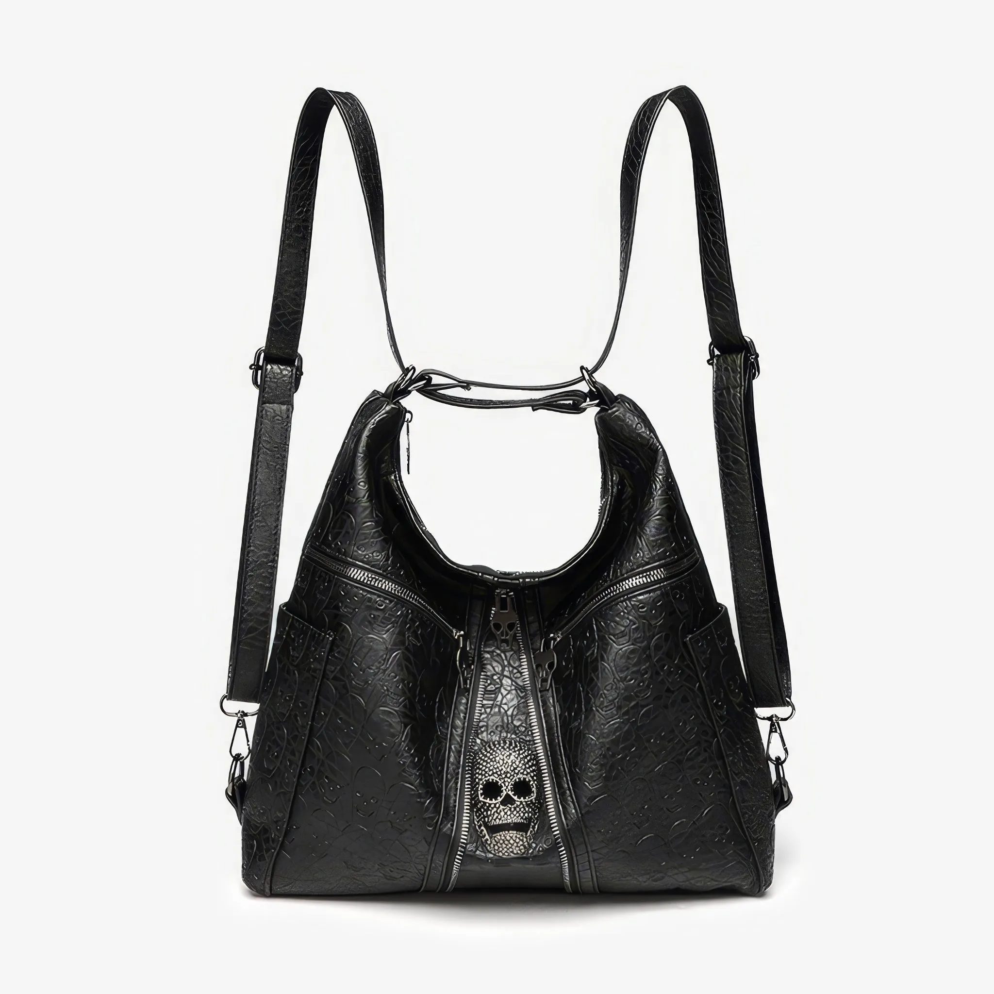 Skull Embossed Zip Detail Hobo Bag