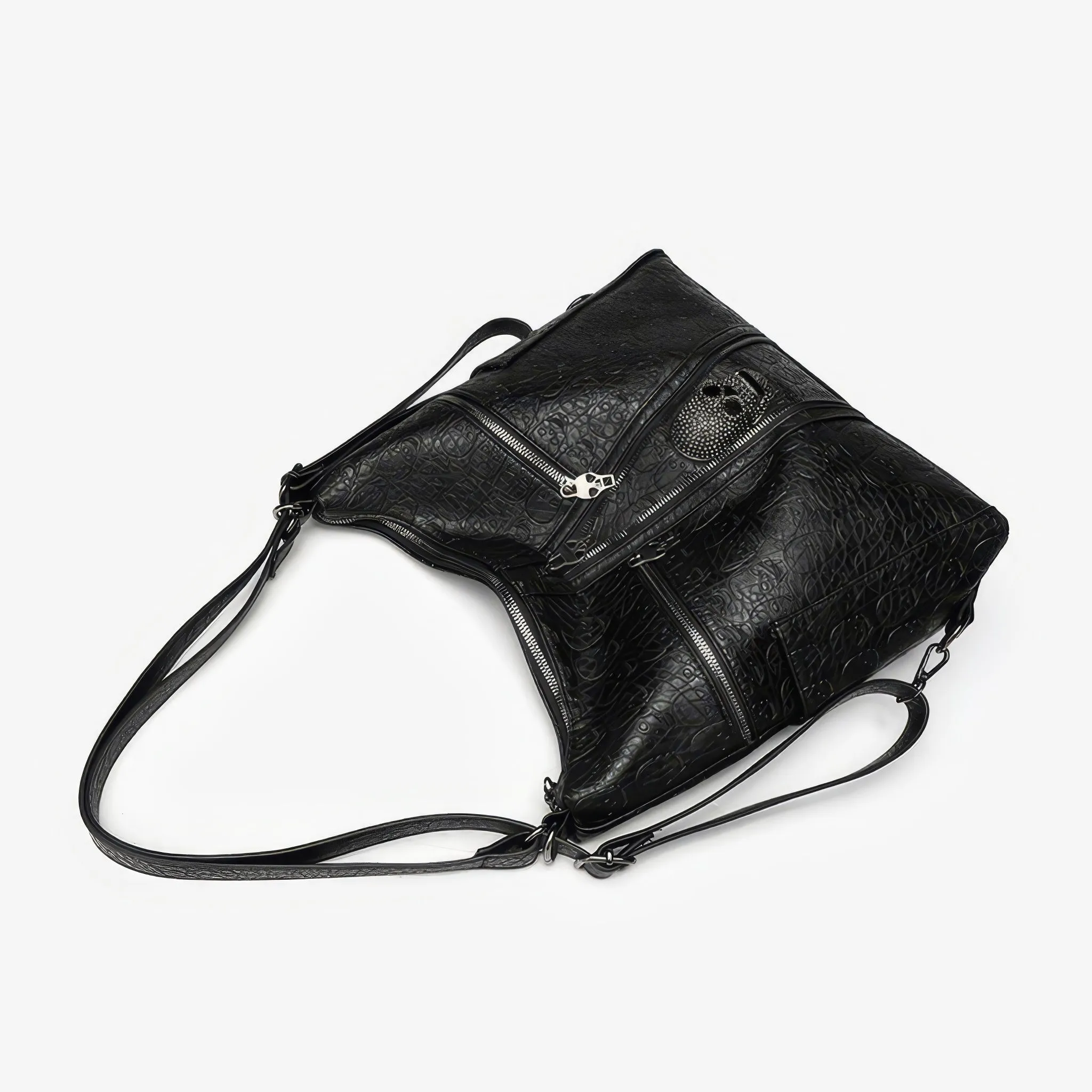 Skull Embossed Zip Detail Hobo Bag