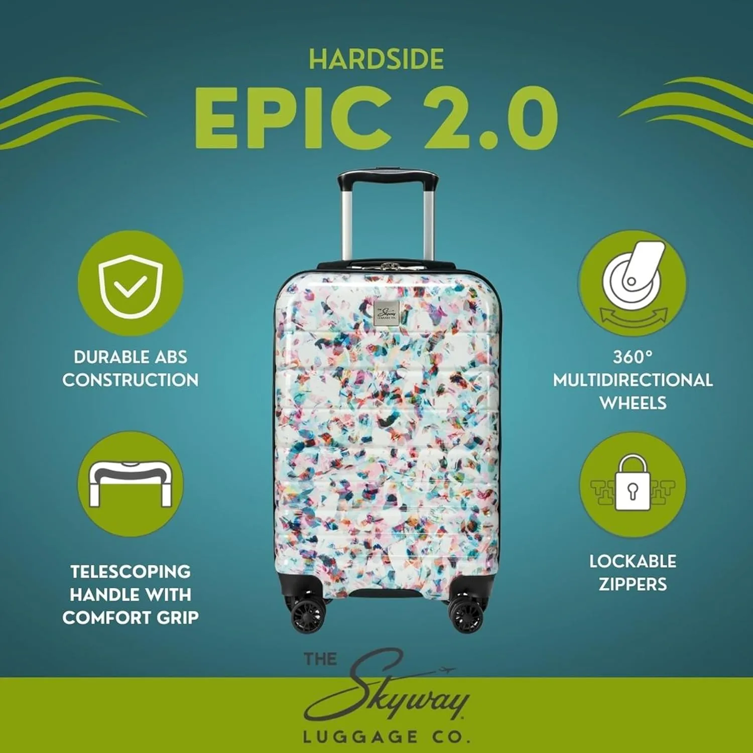Skyway Epic 2.0 Hardside Lightweight and Durable ABS Shell Luggage, Spacious with Dual Spinning Wheels, Comfort Grip, Men and Women, Medium Check-In 24-inch, Confetti